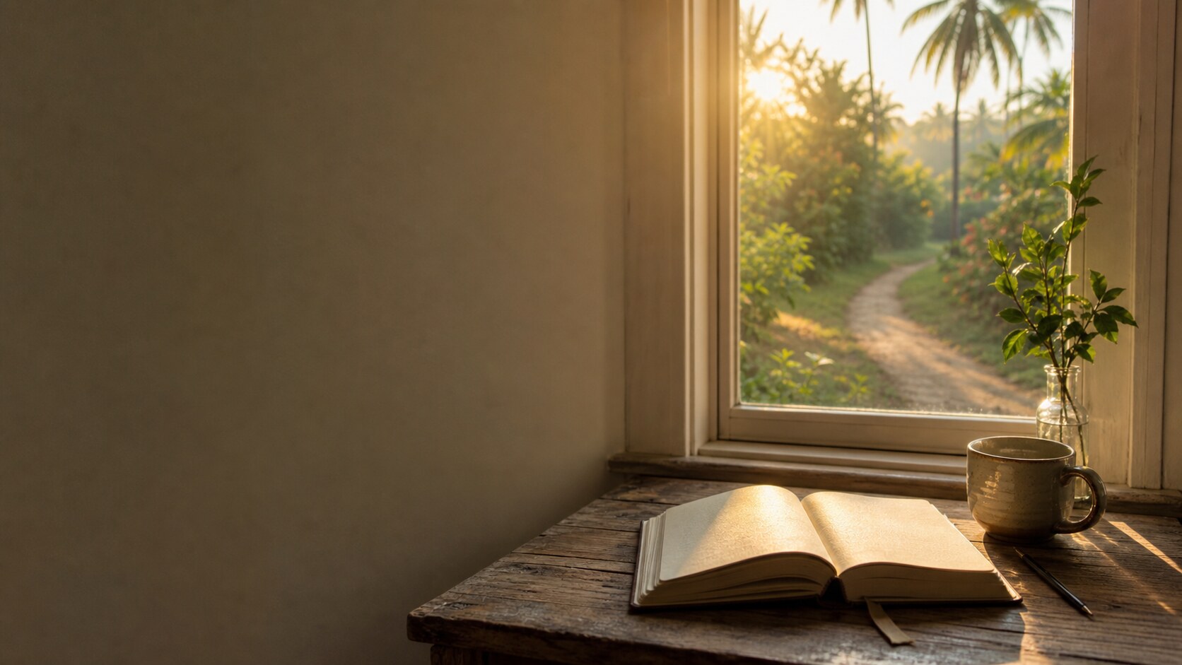 An open journal beside a sunlit window overlooking a garden path